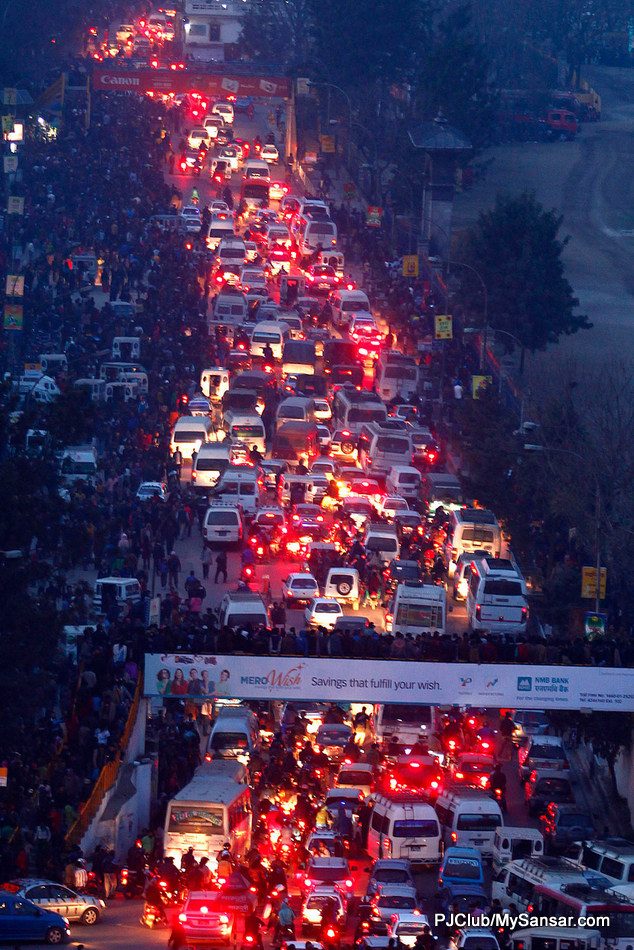 Kathmandu’s traffic comes to a standstill in Sundhara-Ratna Park junction, one of the capital’s major thoroughfares. With the number of private vehicles increasing each year, the government’s road expansion drive has done less to comfort its citizens. PHOTO: Kiran Panday 