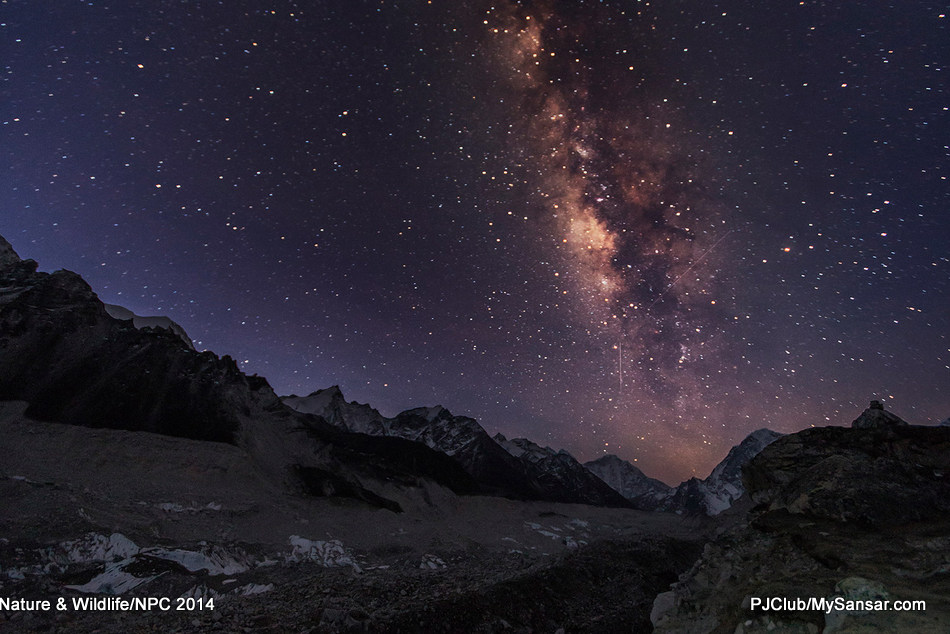 The Milky Way as seen over Khumbu Glacier located in the Khumbu region of northeastern Nepal between Sagarmatha and the Lhotse-Nuptse region. The glacier paves the way to Everest Base Camp and is the world’s highest glacier with elevations ranging from 4900m to 7600m at its terminus.  Photo: Dev Dongol 