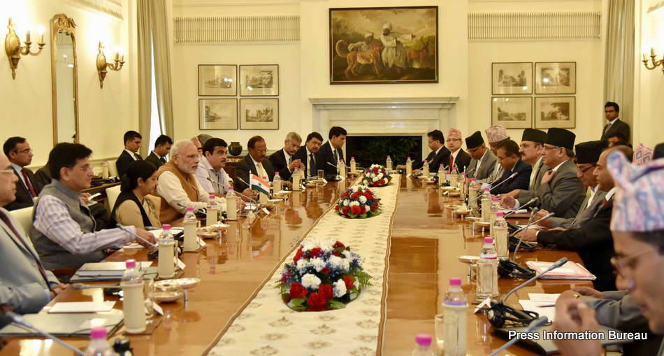 The Prime Minister, Shri Narendra Modi at the delegation level talks with the Prime Minister of Nepal, Mr. Pushpa Kamal Dahal, at Hyderabad House, in New Delhi on September 16, 2016.