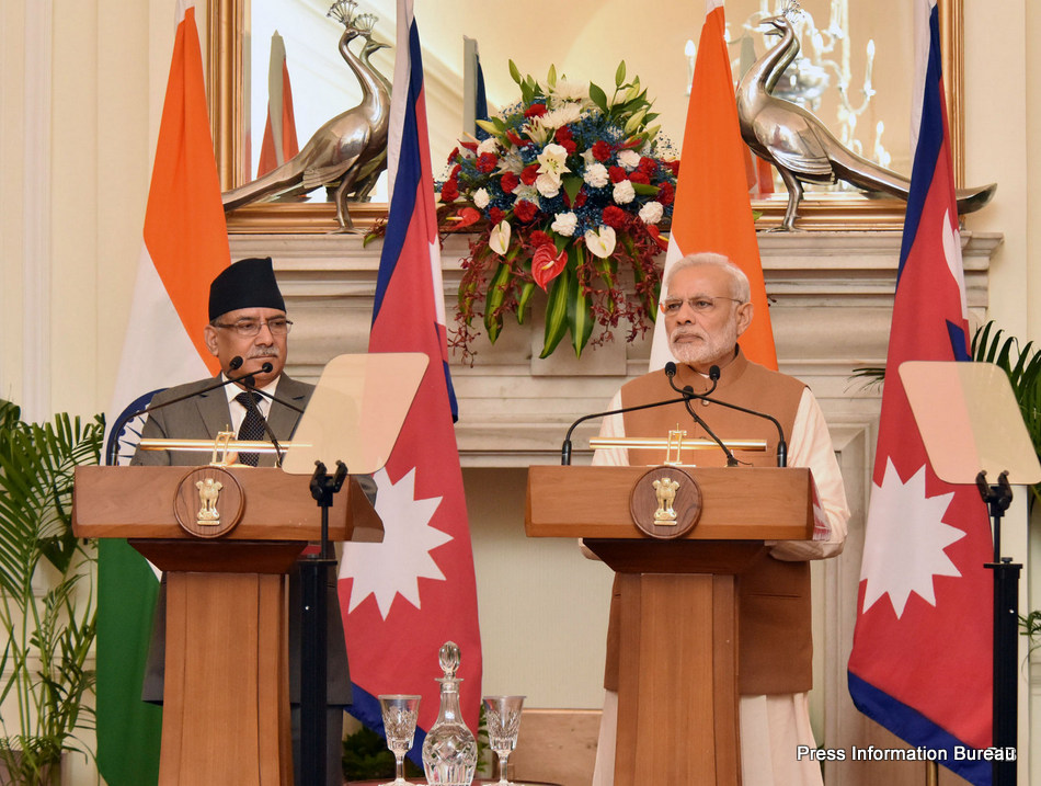 The Prime Minister, Shri Narendra Modi and the Prime Minister of Nepal, Mr. Pushpa Kamal Dahal at the joint media briefing, at Hyderabad House, in New Delhi on September 16, 2016.