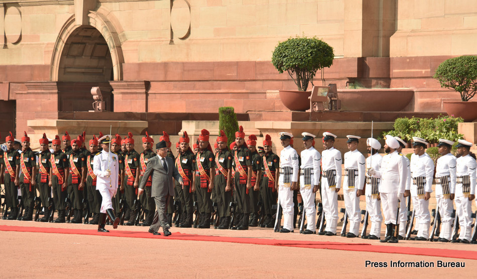 The Prime Minister of Nepal, Mr. Pushpa Kamal Dahal inspecting the Guard of Honour, at the Ceremonial Reception, at Rashtrapati Bhavan, in New Delhi on September 16, 2016.
