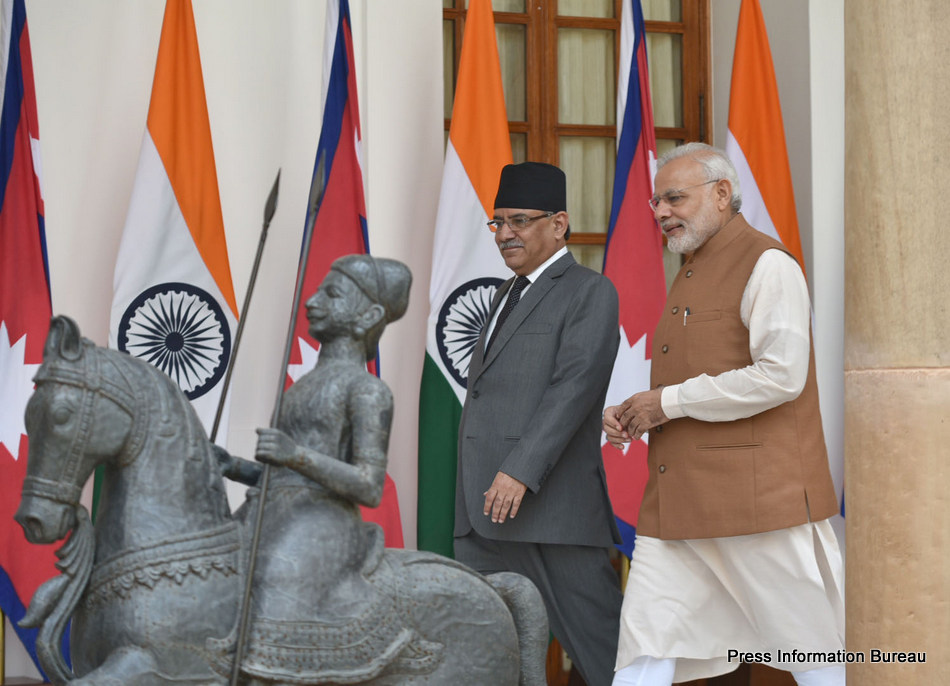 The Prime Minister, Shri Narendra Modi with the Prime Minister of Nepal, Mr. Pushpa Kamal Dahal, at Hyderabad House, in New Delhi on September 16, 2016.