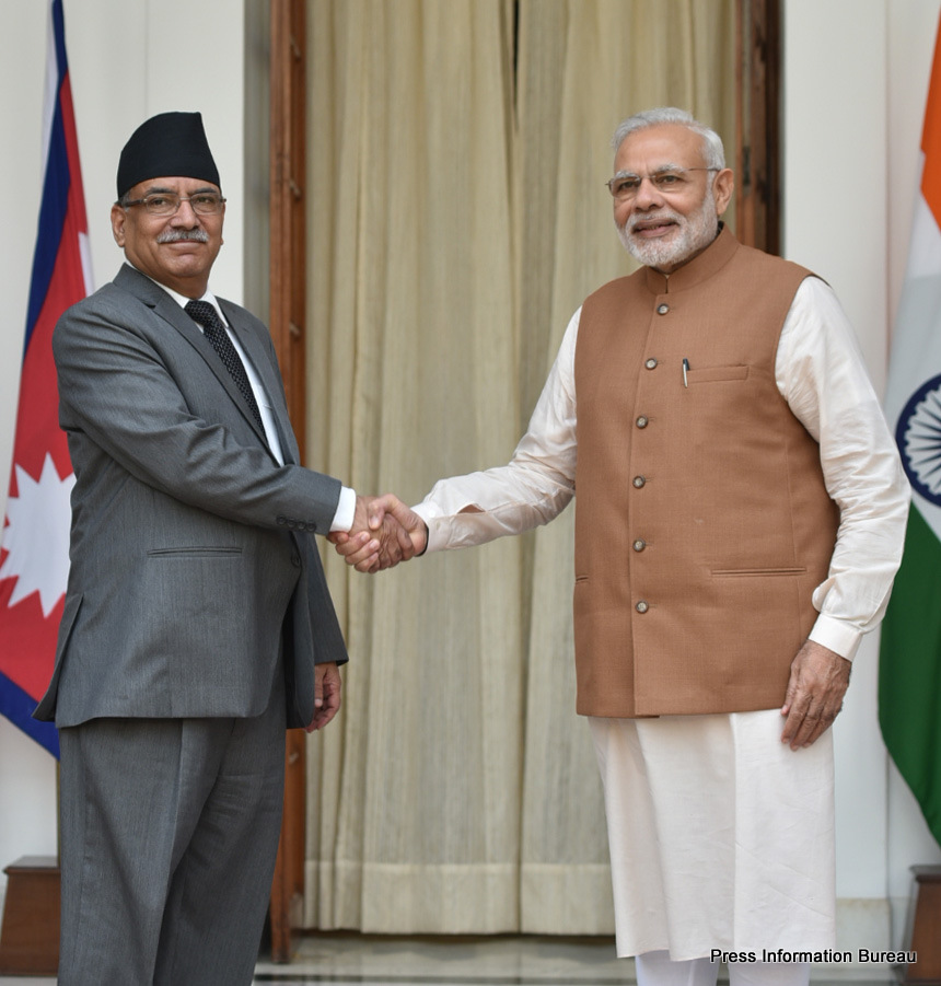 The Prime Minister, Shri Narendra Modi with the Prime Minister of Nepal, Mr. Pushpa Kamal Dahal, at Hyderabad House, in New Delhi on September 16, 2016.